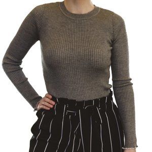 Forever 21 Grey Ribbed Frilly Long Sleeve Shirt